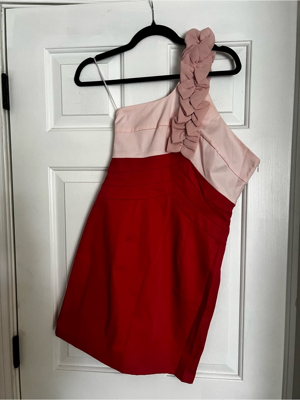 Minuet Two-Tone One-Shoulder Dress in Blush Pink and Fuchsia